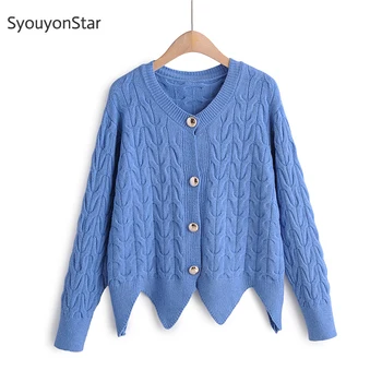 

SyouyonStar Cardigan Sweater Women Blue Single Breasted Knitwear Knitted Irregular Hem Sweaters 2019 jersey mujer