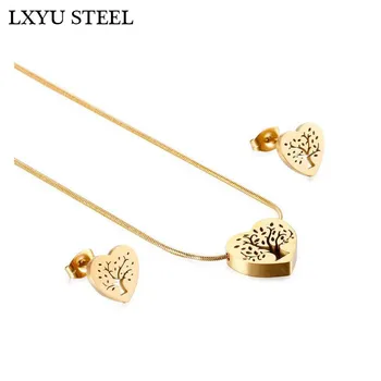 

Stainless steel tree of life pendant necklace earrings set for women gold steel color Heart Female jewelrySet For Christmas Gift
