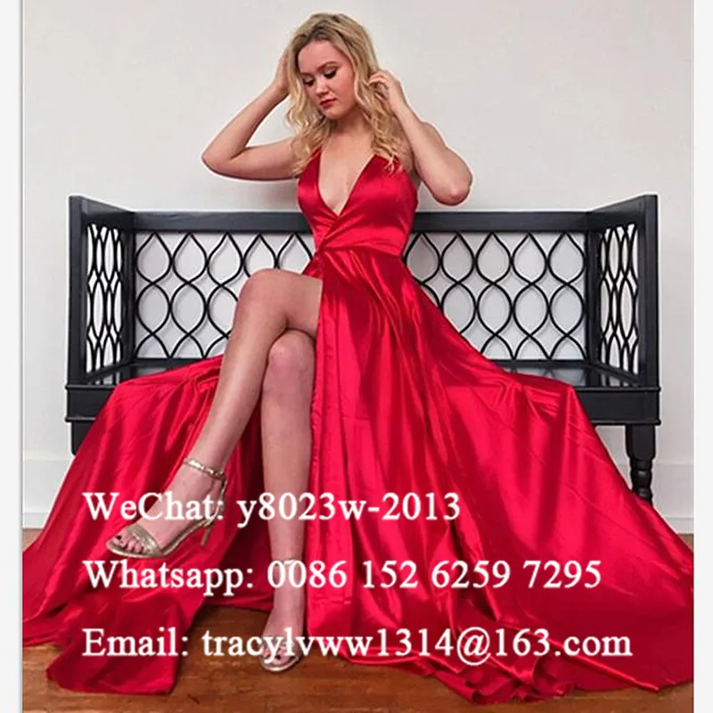 Sexy Side Split Prom Dresses For Women Spaghetti Strap A Line Red Satin Long Sweep Train Formal Evening Dress Party Gown