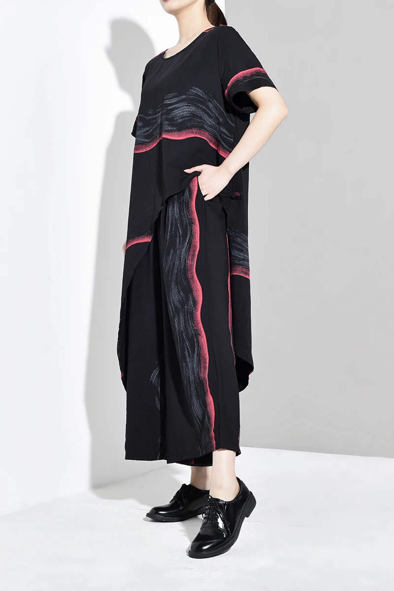 [EAM] Wide Leg Pants Striped Two Piece Suit New Round Neck Short Sleeve Black Loose Fit Women Fashion Spring Autumn 2020 JW5910