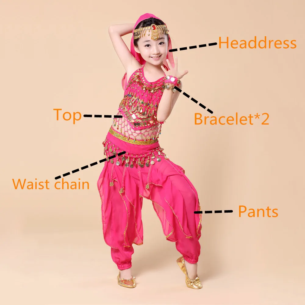 Rose5pcs Детский костюм для танца живота, Болливуд, восточное платье для танца живота, комплект, индийский, Египетский, Египетский костюм, штаны, топ, Одежда для танцев для девочек, 5 шт - Цвет: Rose5pcs