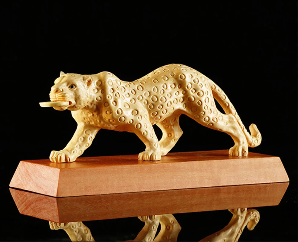 

XS494- 20CM Leopard Boxwood Sculpture Feng Shui Wood Carving Wealthy Animal Statue Collection Ornaments