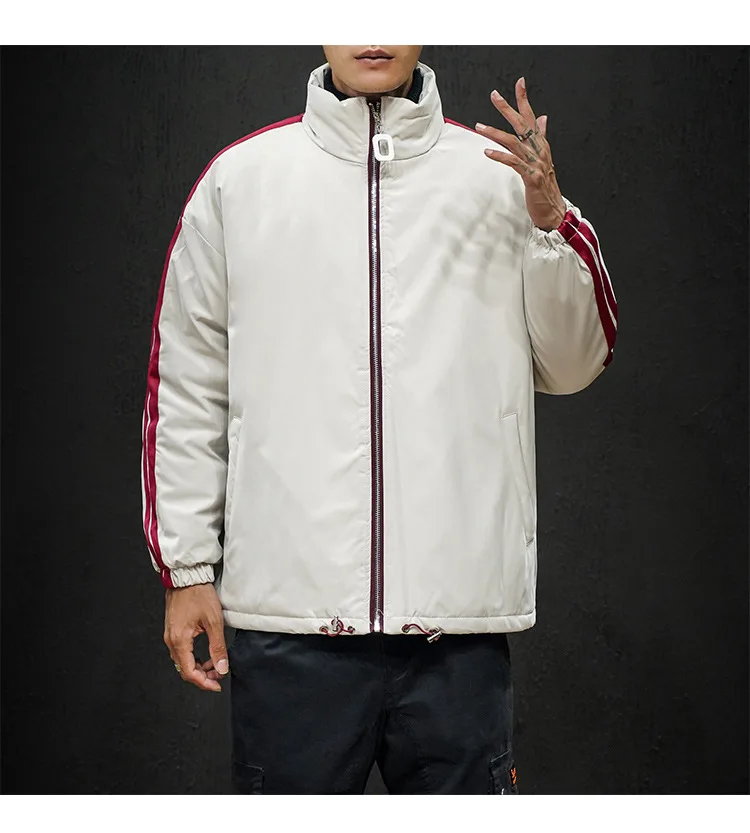 Winter New Style Men Casual Cotton-padded Jacket Trend Versitile Fashion Contrast Color Stripes Printed Stand Collar Cotton