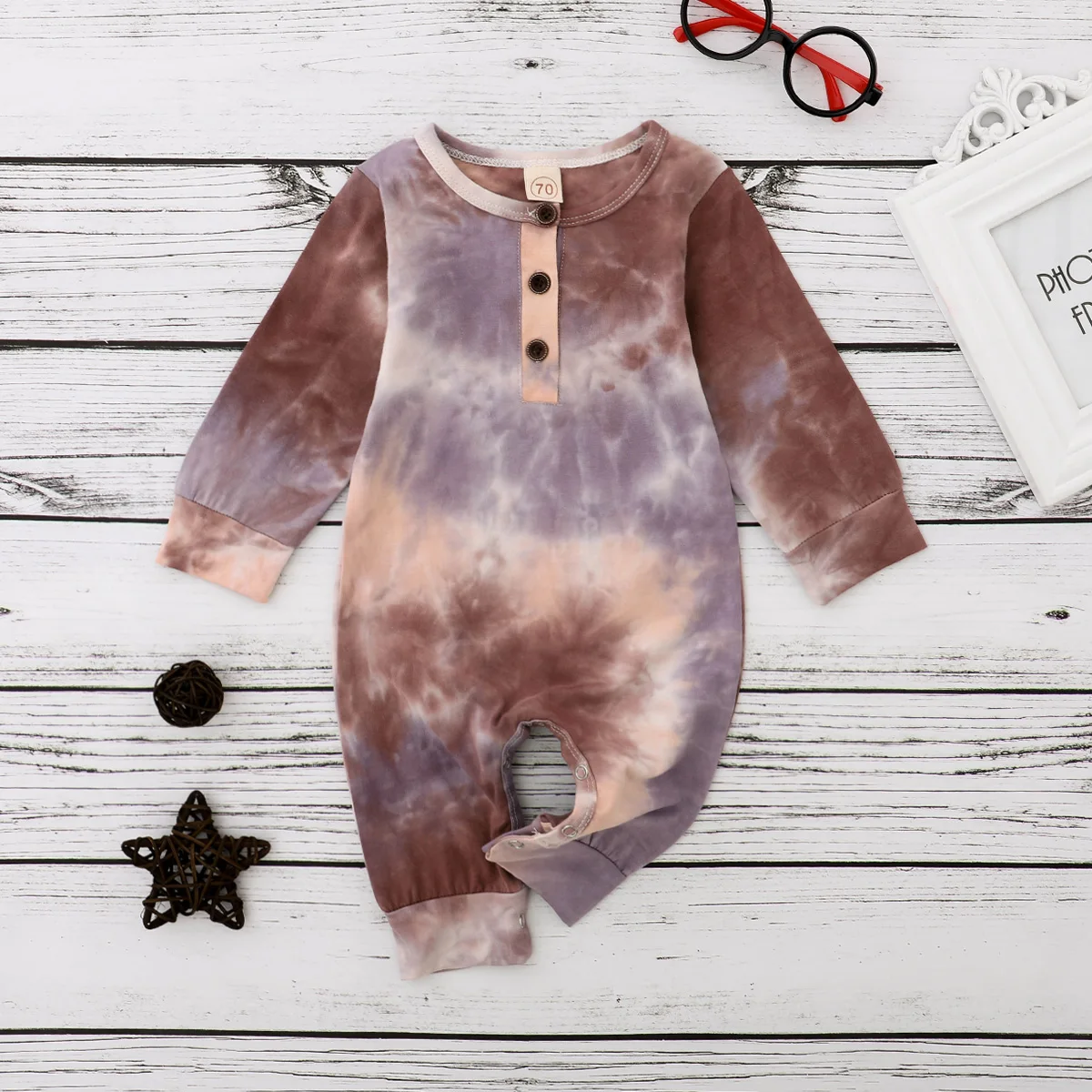 FOCUSNORM Newborn Baby Girls Boys Rompers Tie-Dye Printed Long Sleeve Button Autumn Jumpsuits 4 Colors