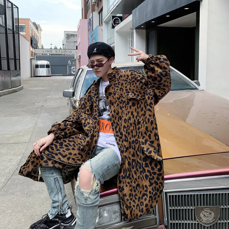 

Fall fashion long zipper leopard print trench coat original sufeng European men's fashion loose men's trench coat
