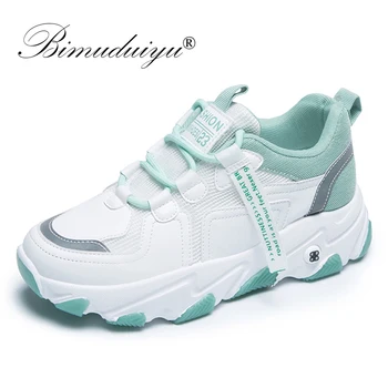 

BIMUDUIYU Women Chunky Sneakers Vulcanize Shoes Breathable Fashion Old Dad Female Platform 5.5 CM High Running Casual Shoes For