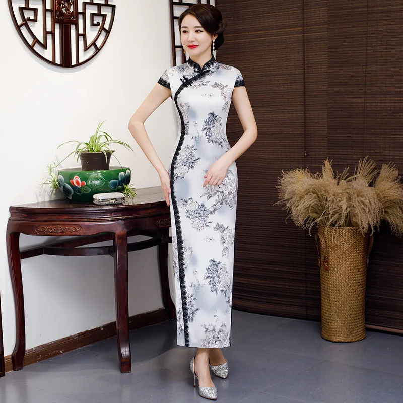 Платье с цветочным принтом женские современные Qipao платье размера плюс 3XL-5XL Новинка Cheongsam классический длинное платье Винтаж Кнопка китайские платья