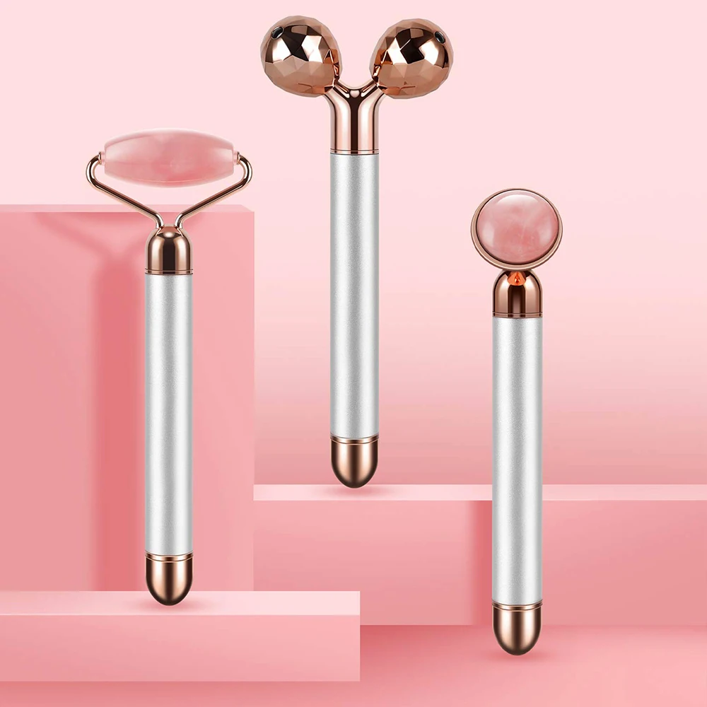 3-in-1 Electric Rose Quartz Jade Roller and Face Massager Set Face Care Tools Eye Massager and 3D Face, Head, Arms,Neck