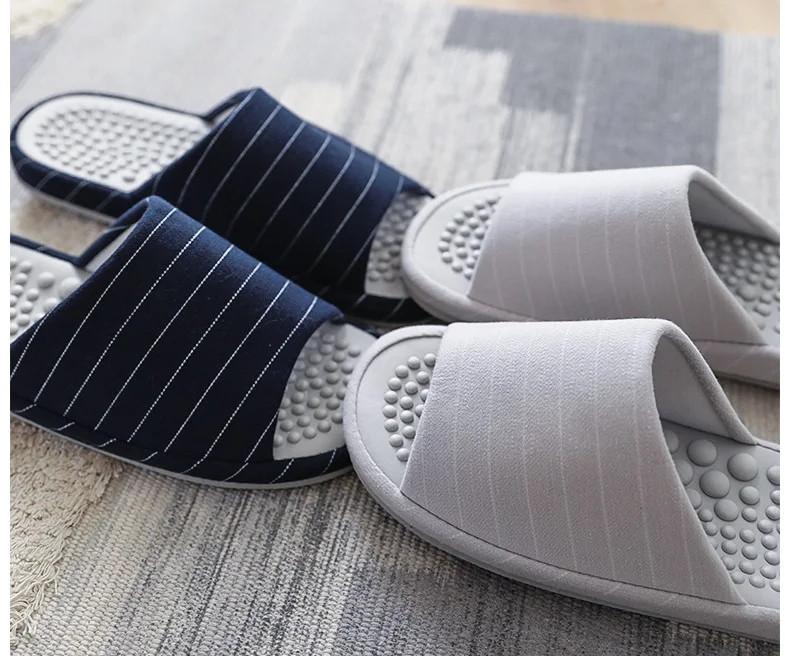 Xioami New men woman spring autumn classic striped home soft massage midsole open cotton slippers Keep warm flip flop