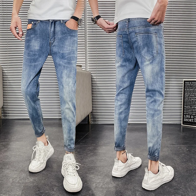 

Korean Jeans Men's Stretch Slim Fit Fashion Washed Solid Color Casual Jeans Pants Men Streetwear Hip Hop Retro Denim Trousers