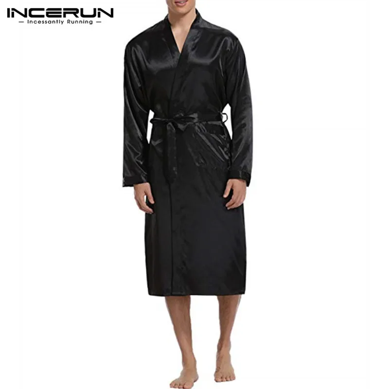 INCERUN Mens Silk Satin Robes Pajamas Long Sleeve Solid Sleepwear Kimono Male Bathrobe Leisure Men Loungewear Dressing Gown 2022 best mens pajamas Men's Sleep & Lounge