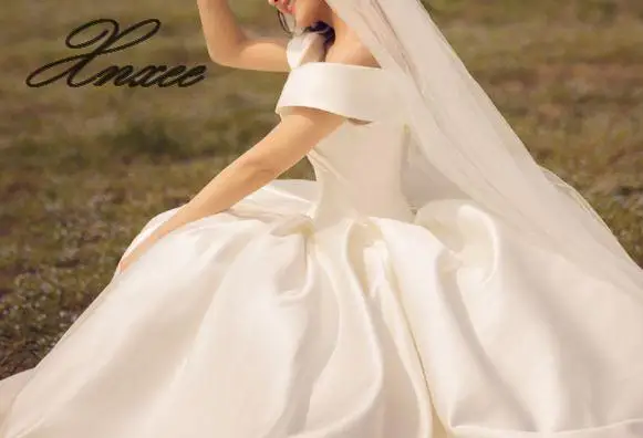 Атласное маленькое шлейф новое простое слово плечо белое тонкое платье Vestido de novia
