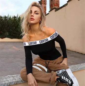 

Women Ladies Off Shoulder Letter Print Bodysuit Slash Neck Colorblock Slim Solid Color Leotards Basic Top Bodysuit Autumn Winter