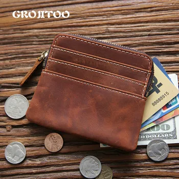 

GROJITOO Handmade Creay Horse Leather Men's Short Leather Wallet Women Top Layer Cowhide Change Purse Zipper Wallet Card Pocket