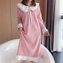 Winter Thick Velvet Nightgowns Women Warm Flannel Sleepshirts Pink Sleepwear Femme Homewear Blue Embroidery Lounge Nightwear