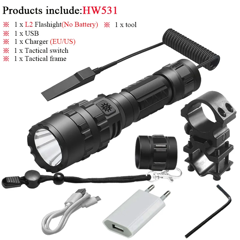 GHW531E1 Самый мощный тактический флэш-светильник usb фонарь светильник перезаряжаемый охотничий светодиодный флэш-светильник cree xml l2 ручная лампа - Испускаемый цвет: GHW531E1
