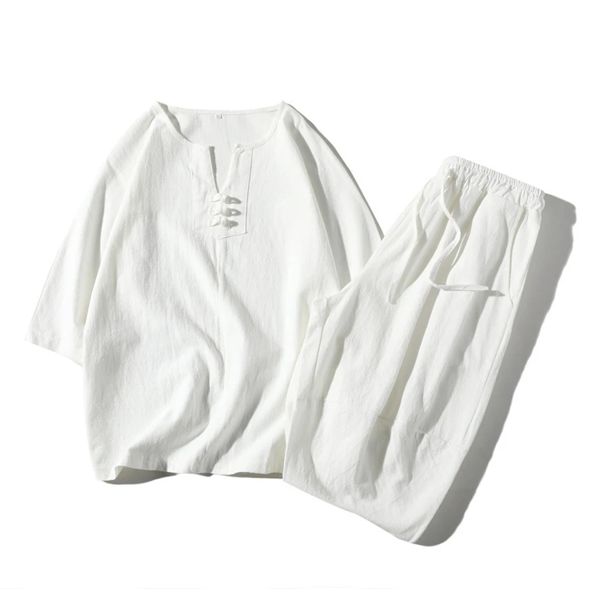 Traditional Chinese Style Clothing Loose Linen Breathable 3/4 Sleeve Tang Suit Hanfu Men Top+Pant Set Oriental Costume