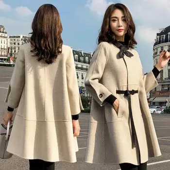 

2019 autumn new Korean women's splicing stand collar single-breasted seven-point sleeves fresh and lovely long cloak wool coat