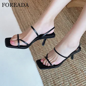 

FOREADA Real Leather Woman Flip Flop Sandals Buckle Strap Thin High Heel Shoes Narrow Band Square Toe Lady Sandals Purple 33-43