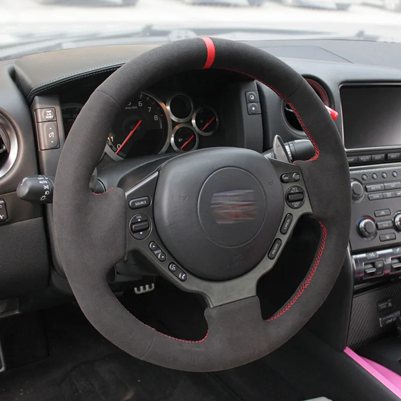 

DIY All Black Suede Leather Steering Wheel Red Stitch on Wrap Cover Fit For Nissan GTR GT-R 2008-2015