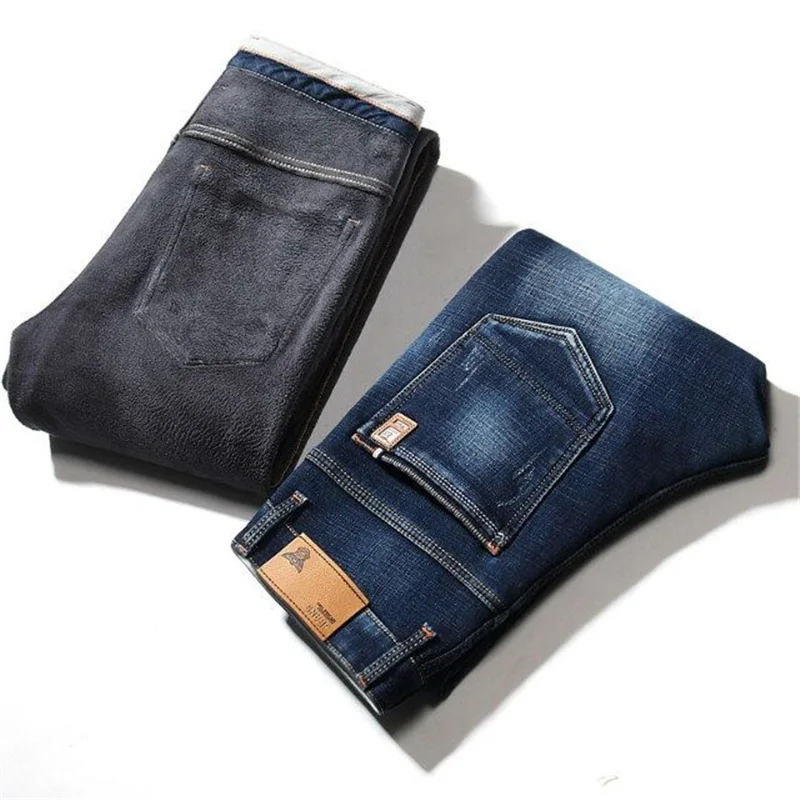 Winter Thermal Warm Stretch Jeans Mens Winter Quality Famous Brand Fleece Pants Men Straight Flocking Trousers Jeans Male