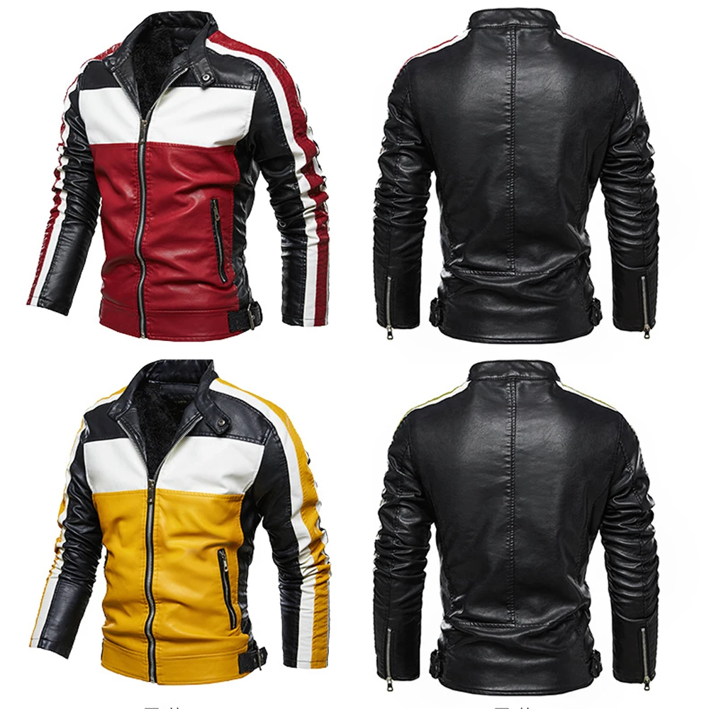 Jaqueta de motociclista remendos de couro masculina,