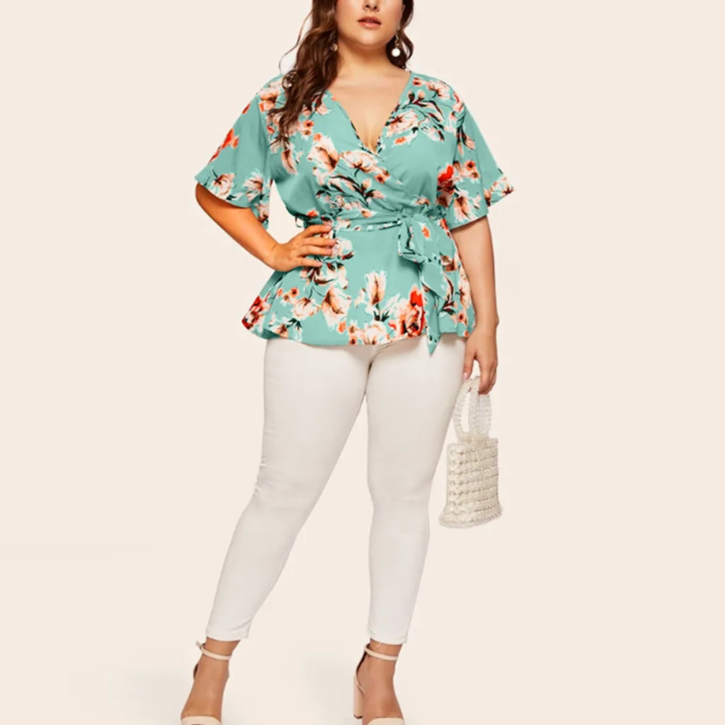 5xl Plus Size Floral V-neck Shirt Women's Casual Short Sleeve Tunic Printing Waist Belt Blouses Tops Women Clothing Blusas Mujer shirts & tops