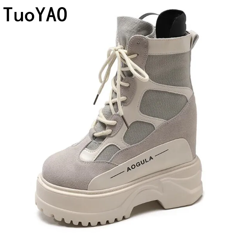 

2019 Spring High Platform Boots 10CM High Heel Women Thick Sole Shoes Leather Wedge Sneakers Waterproof Breathable Casual Shoes