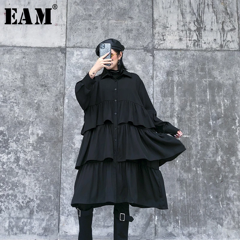 

[EAM] Women Black Ruffle Split Joint Big Size Cake Dress New Lapel Long Sleeve Loose Fit Fashion Tide Spring Autumn 2020 1N733