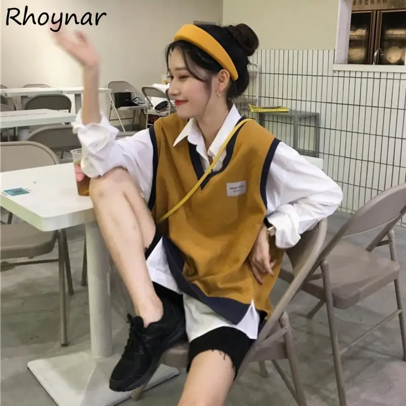 

Sweater Vest Women Preppy Style All-match Minimalist Korean Version Autumn Newest Daily Cozy V-Neck Baggy Patchwork Sweet Girls