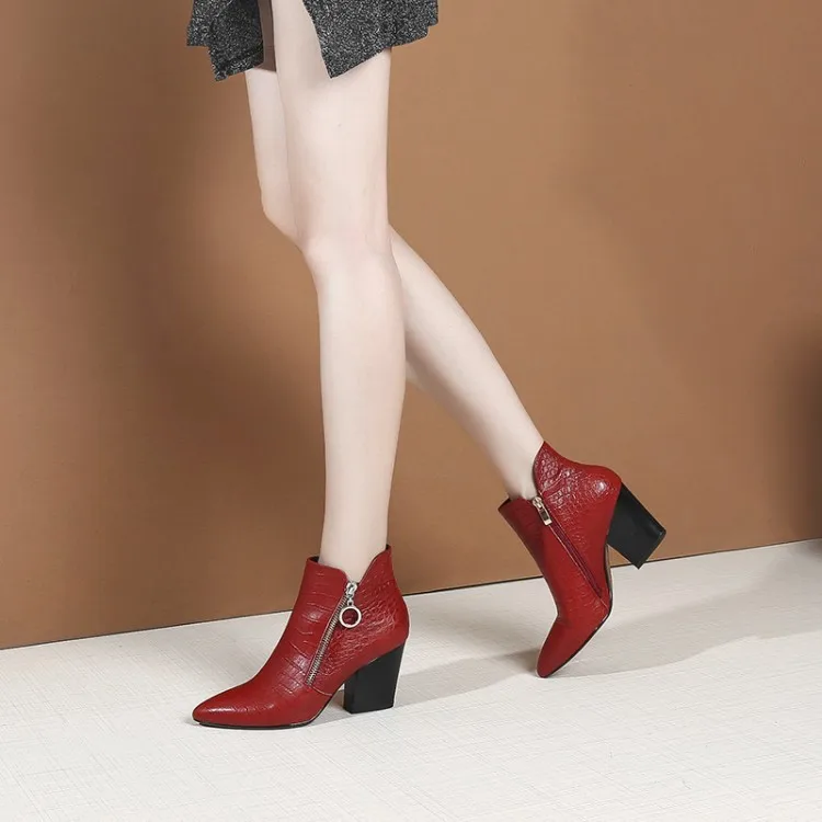 MLJUESE/; женские ботильоны из коровьей кожи; Цвет винно-красный; на молнии; с острым носком; зимние короткие плюшевые женские ботинки в западном стиле