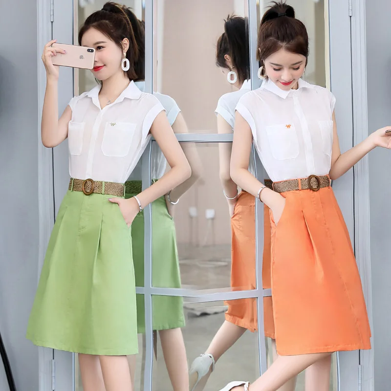 

Simple Elegant Fashion Elegant Versatile Korean-style Trend 2019 Summer Solid Color Two-Piece Set