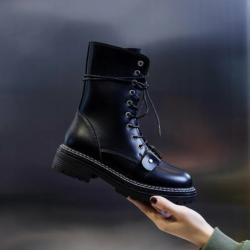 MORAZORA/ г., Новое поступление, модные женские брендовые ботинки удобные черные ботильоны на среднем каблуке, с круглым носком, на шнуровке, с пряжкой
