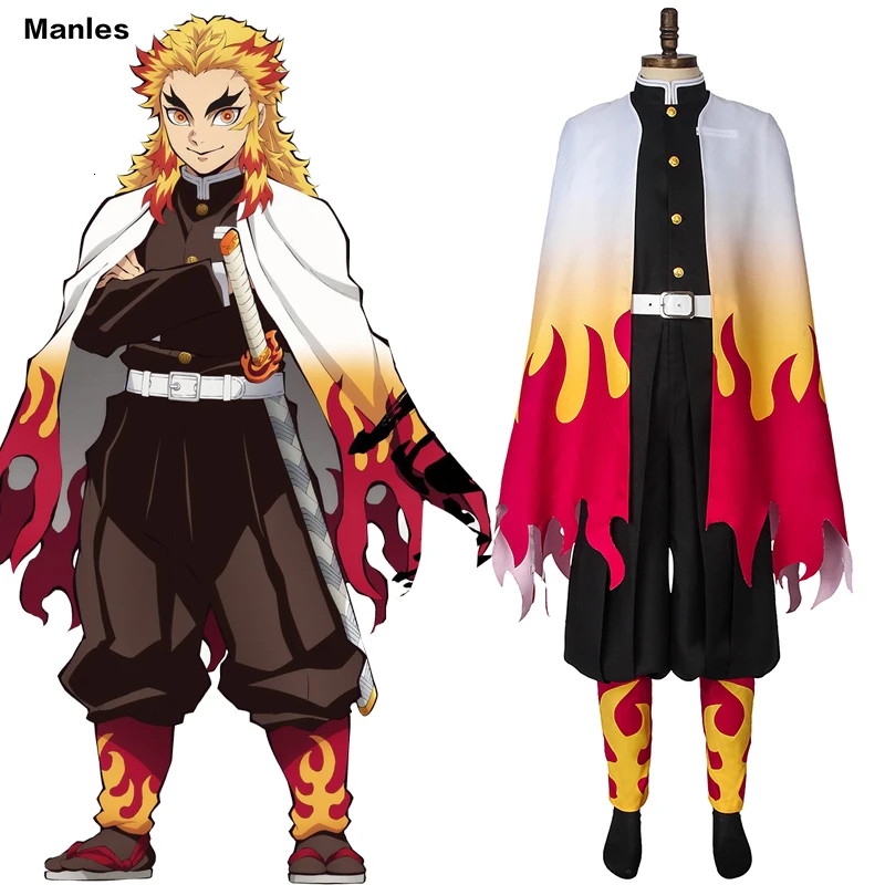 

Anime Rengoku Kyoujurou Costume Demon Slayer Kimetsu No Yaiba Cosplay Men Carnival Full Set Halloween Custom Unisex Cloak