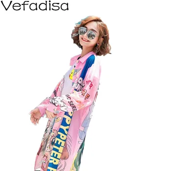 

Vefadisa Cartoon Printing Blouse Women Pink White Long Blouse Thin Summer Blouse Single Breasted Long Sleeve Tops ZLD757