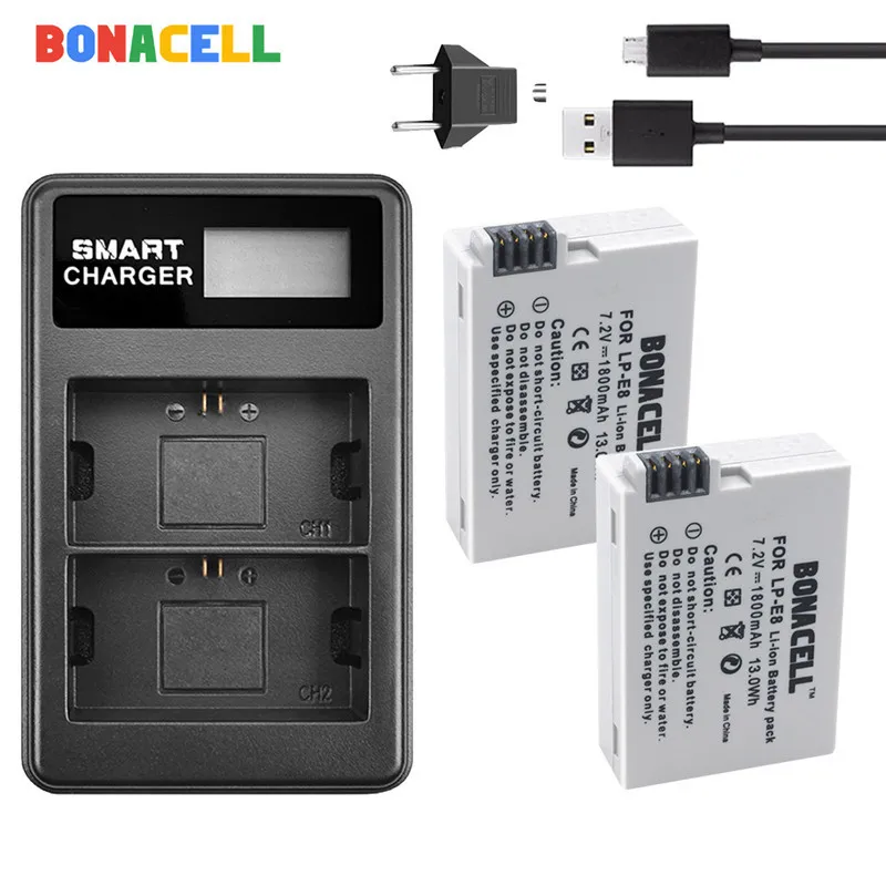 Bonacell LP-E8 LP E8 LPE8 Камера Батарея+ двойной Зарядное устройство для цифровой однообъективной зеркальной камеры Canon EOS 550D 600D 650D 700D поцелуй X4 X5 X6i X7i Rebel T2i T3i T4i - Цвет: 2 Battery Charger