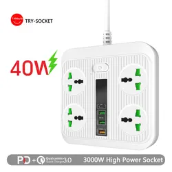 Smart Socket power ON/OFF Type-C PD 40W QC3.0 Power Strip16AC Universal Outlets 3 USB Charger Ports 2M Extension Socket Plug