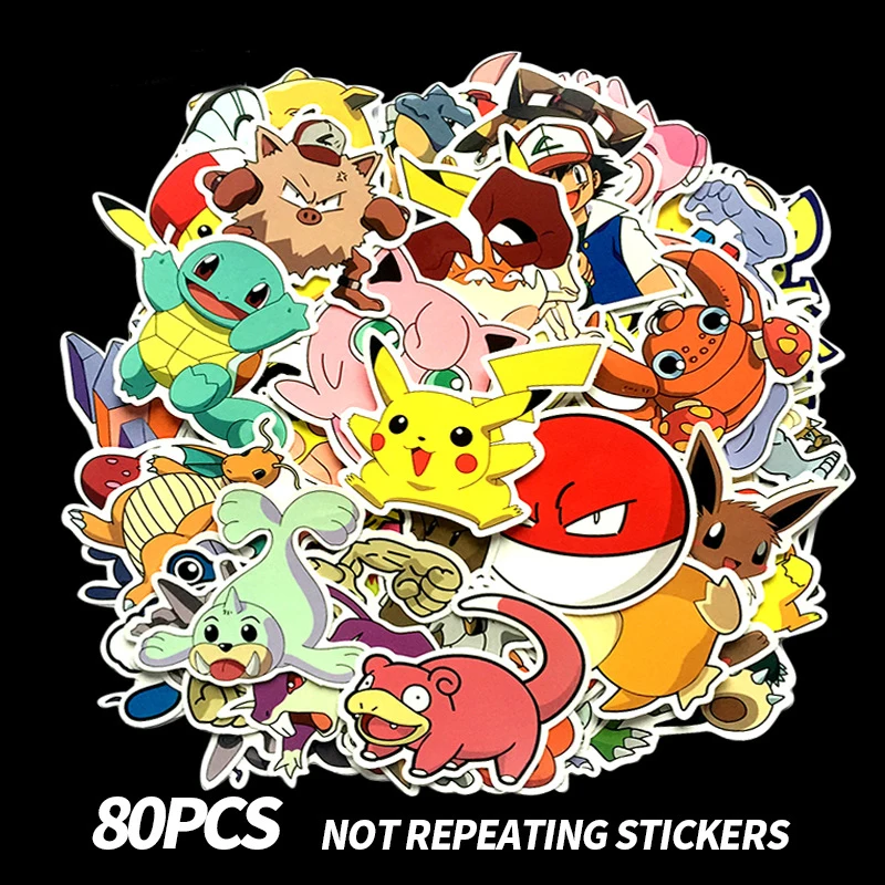 

80Pcs Cartoon Anime Stickers pokemonal Figure for Decal on Skateboard Fridge Phone Guitar Motorcycle Luggage Waterproof kawaii