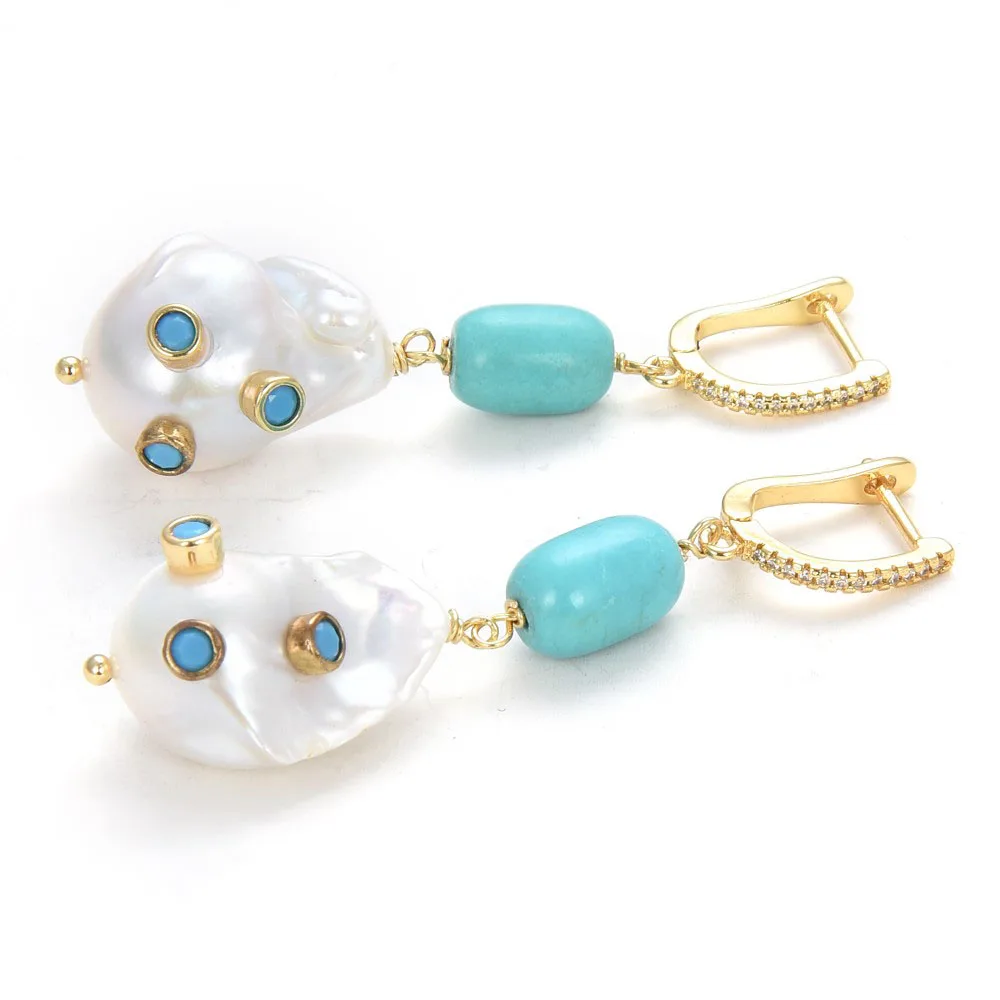 

Natural Freshwater Cultured White Keshi Pearl Blue Turquoises Dangle CZ Pave Hook Earrings For Women