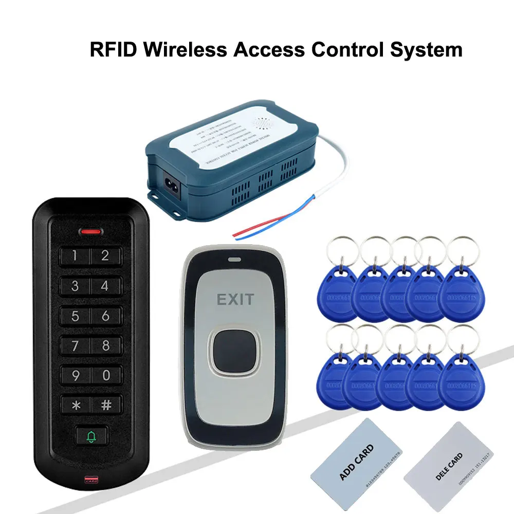 

RFID Wireless Access Control System Without Wiring Access Control And Exit Button Connect To Power Supply By 2.4G Wireless Way