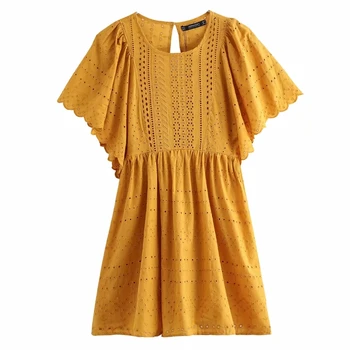 

New 2020 Women Vintage O Neck Butterfly Sleeve Yellow Mini Dress Ladies Hollow Out Embroidery Vestidos Chic Brand Dresses