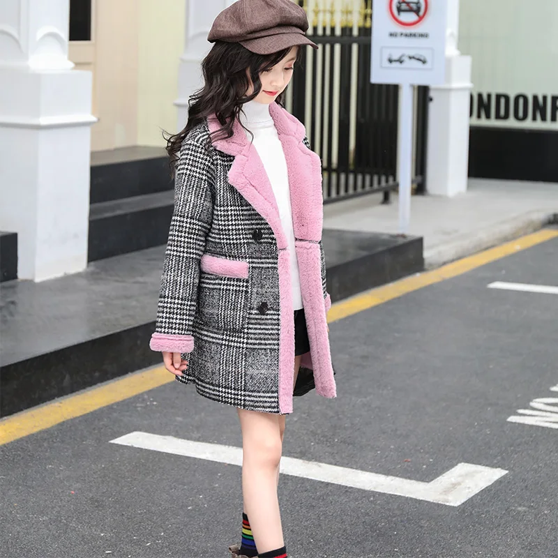 

2019 Winter Girls Cotton Long Jackets Kid's Outerwear Clothes Toddler Children Clothes Casual Turn-down Collar Plaid Wool