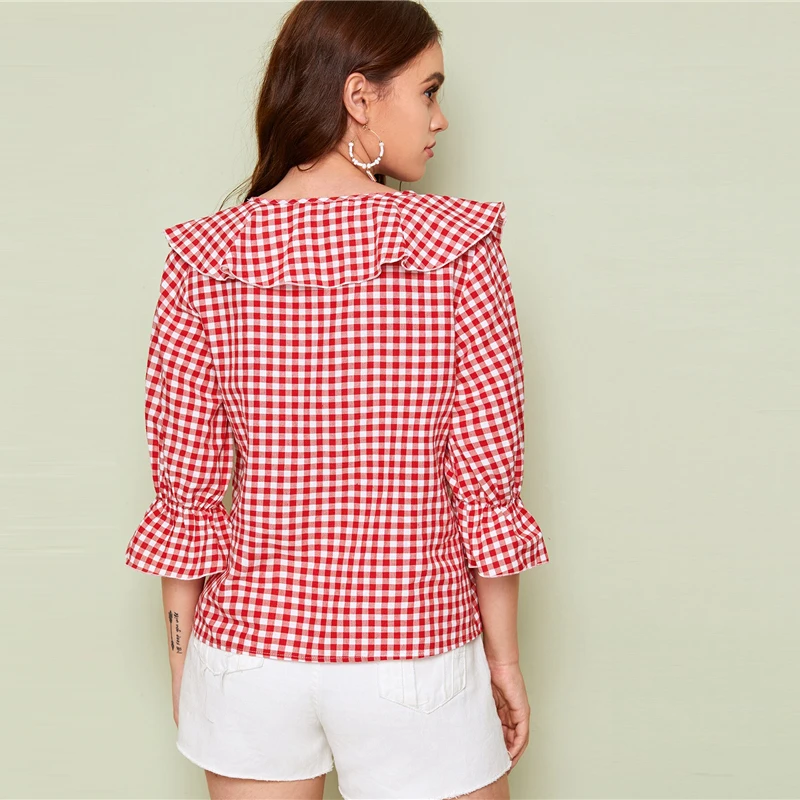SHEIN/красная Повседневная Блузка с v-образным вырезом и оборками в клеточку; сезон весна; Топ для женщин; сезон осень года; рукав-Волан; милые женские блузки и топы