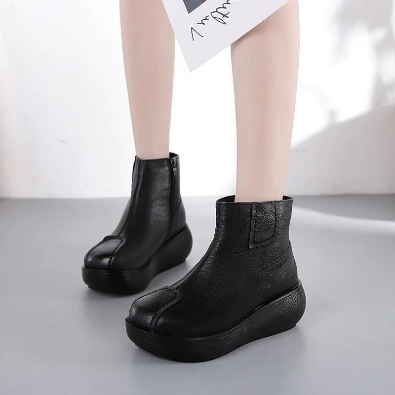 

Retro Short Boots Women's Spring And Autumn Single Boots Autumn And Winter New Style Genuine Leather Thick Bottomed Platform Lit