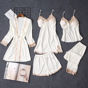 

Women White Robe Set 5pcs Pijamas Suit Casual Soft Sleepwear Kimono Bathrobe Gown Silky Satin Nightwear Sexy Lace Wedding Robe