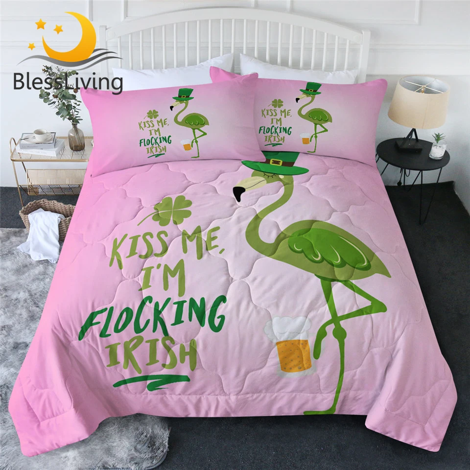 

BlessLiving Flamingo Summer Quilt Set St. Patrick's Day Bedding Green Hat Holiday Gift Bedspreads Lucky Shamrocks Couette De Lit