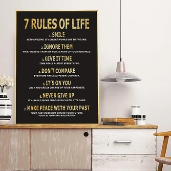 

7 Rules of Life Motivational Poster And Print Gold Quote Canvas Painting For Bedroom Classroom Home Office