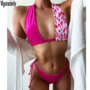 

Vigorashely Leopard Swimwear Women Sexy Halter Bikini 2020 Tied Top Bottom Swimsuit High Cut Bikini Set Bathing Suit Swim Wear