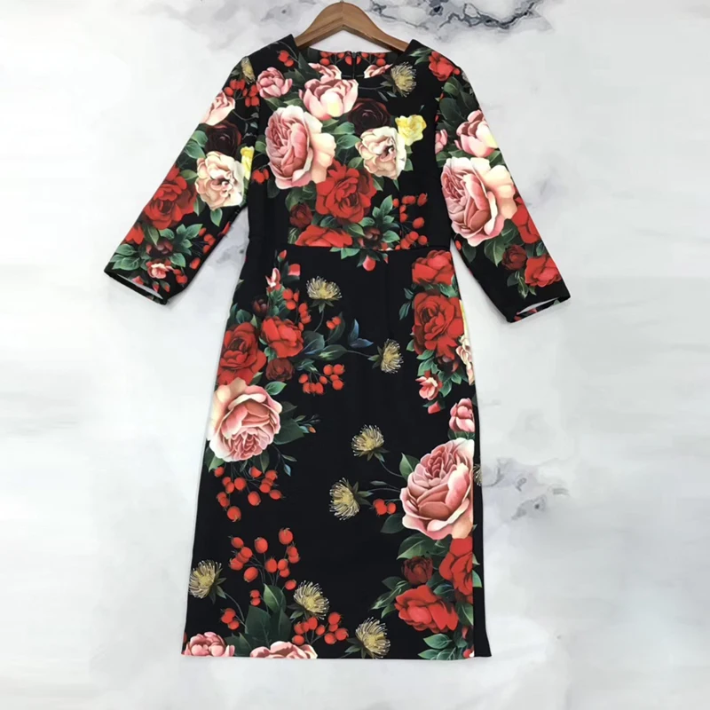 Red RoosaRosee Designer Autumn Pencil Dress Women Half Sleeve Flower Print Elegant Party Dresses Vestdios Female Robe Femme