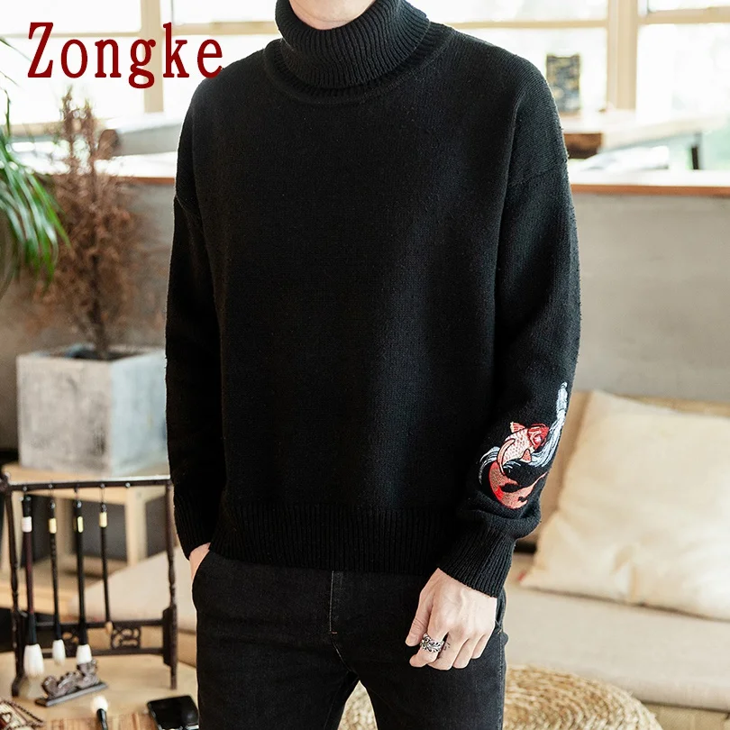 Zongke Carp Embroidery Turtleneck Men Sweater Turtle Neck Men Pullover Sweater Men Coat XXXL Autumn Winter Man Sweaters